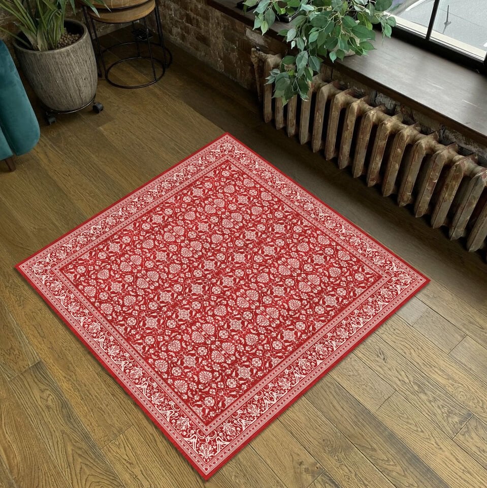 Red Square Area Rug – Classic Floral Pattern Carpet for Living Room