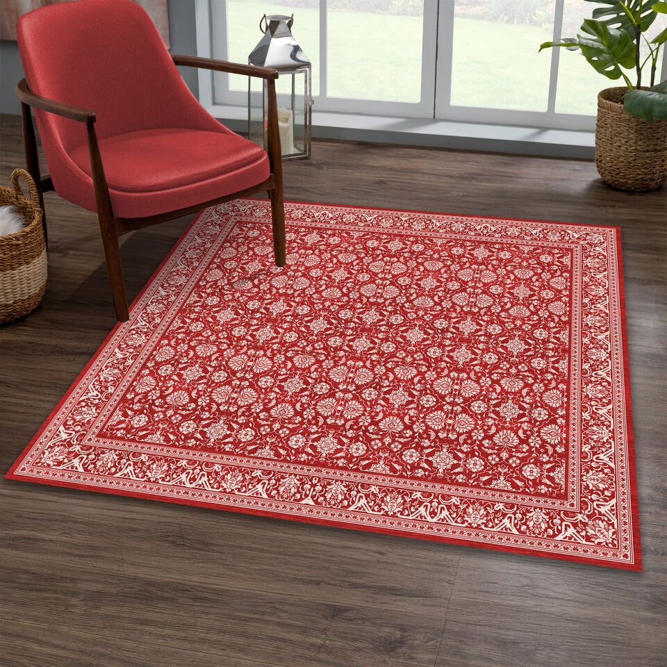 Red Square Area Rug – Classic Floral Pattern Carpet for Living Room