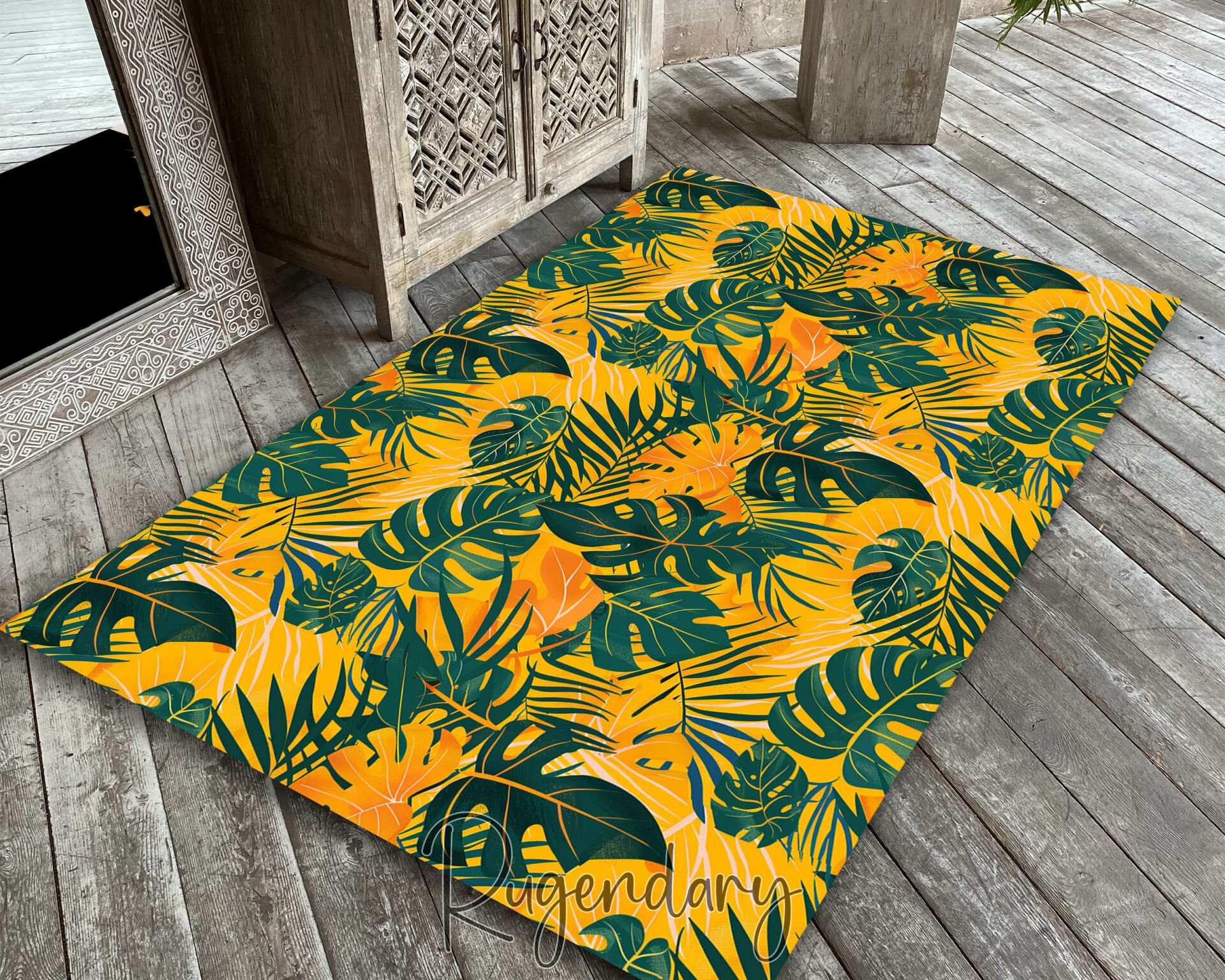 Tropical Monstera Living Room Rug – Bold Green Leaves on Vibrant Yellow