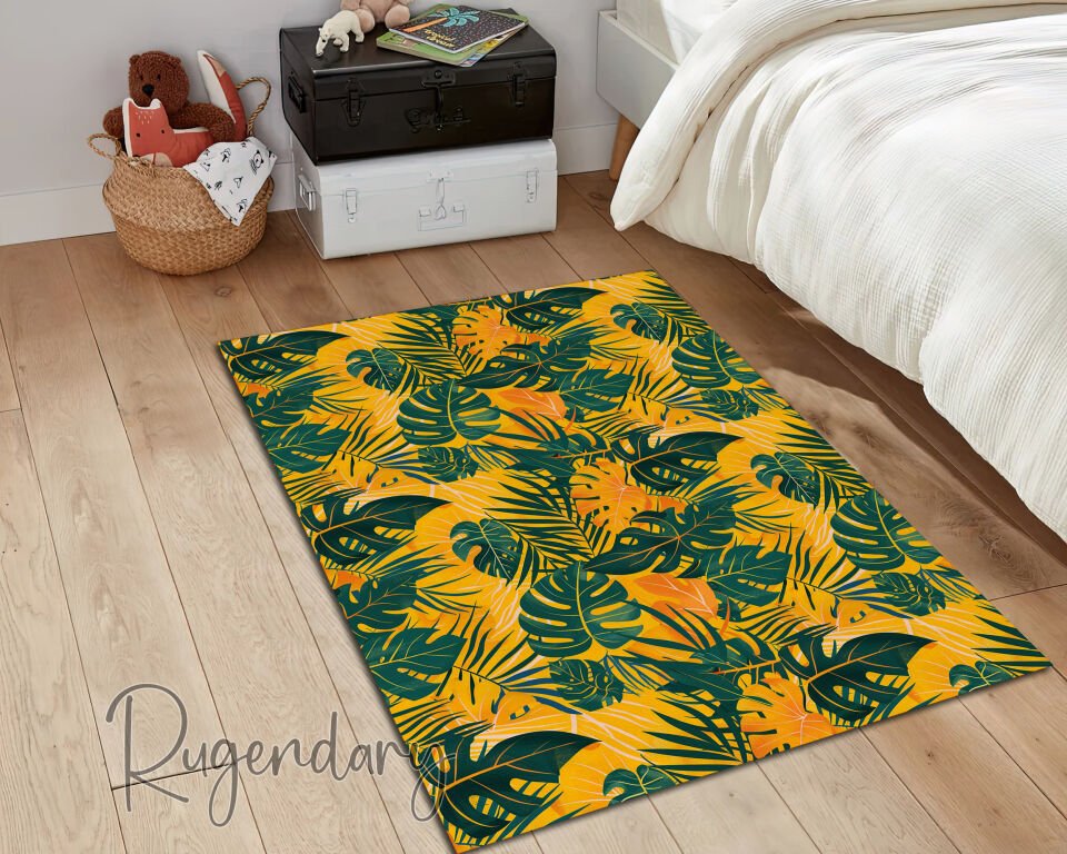 Tropical Monstera Living Room Rug – Bold Green Leaves on Vibrant Yellow