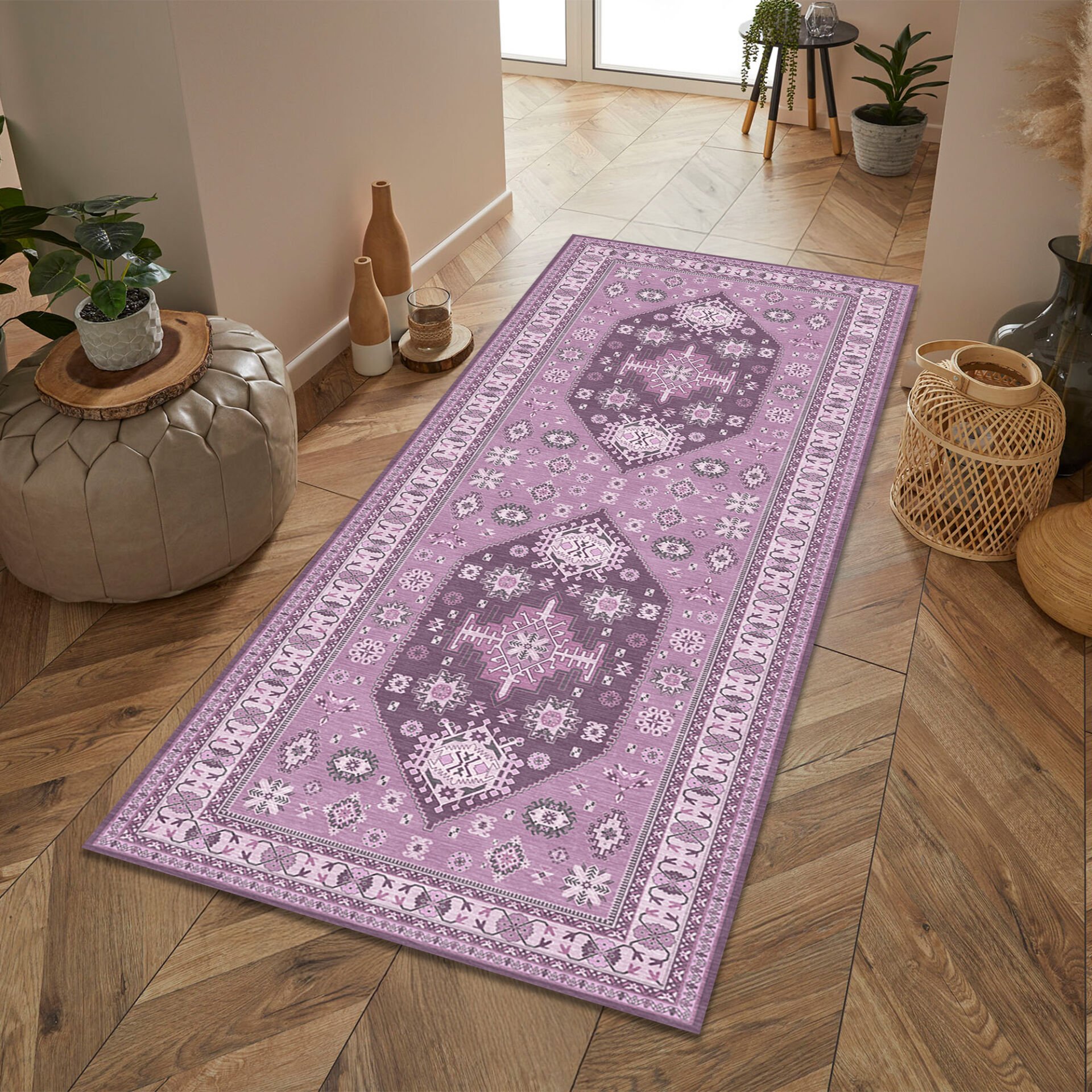 Ethnic Patterned Boho Style Runner Rug in Purple and Lilac Tones