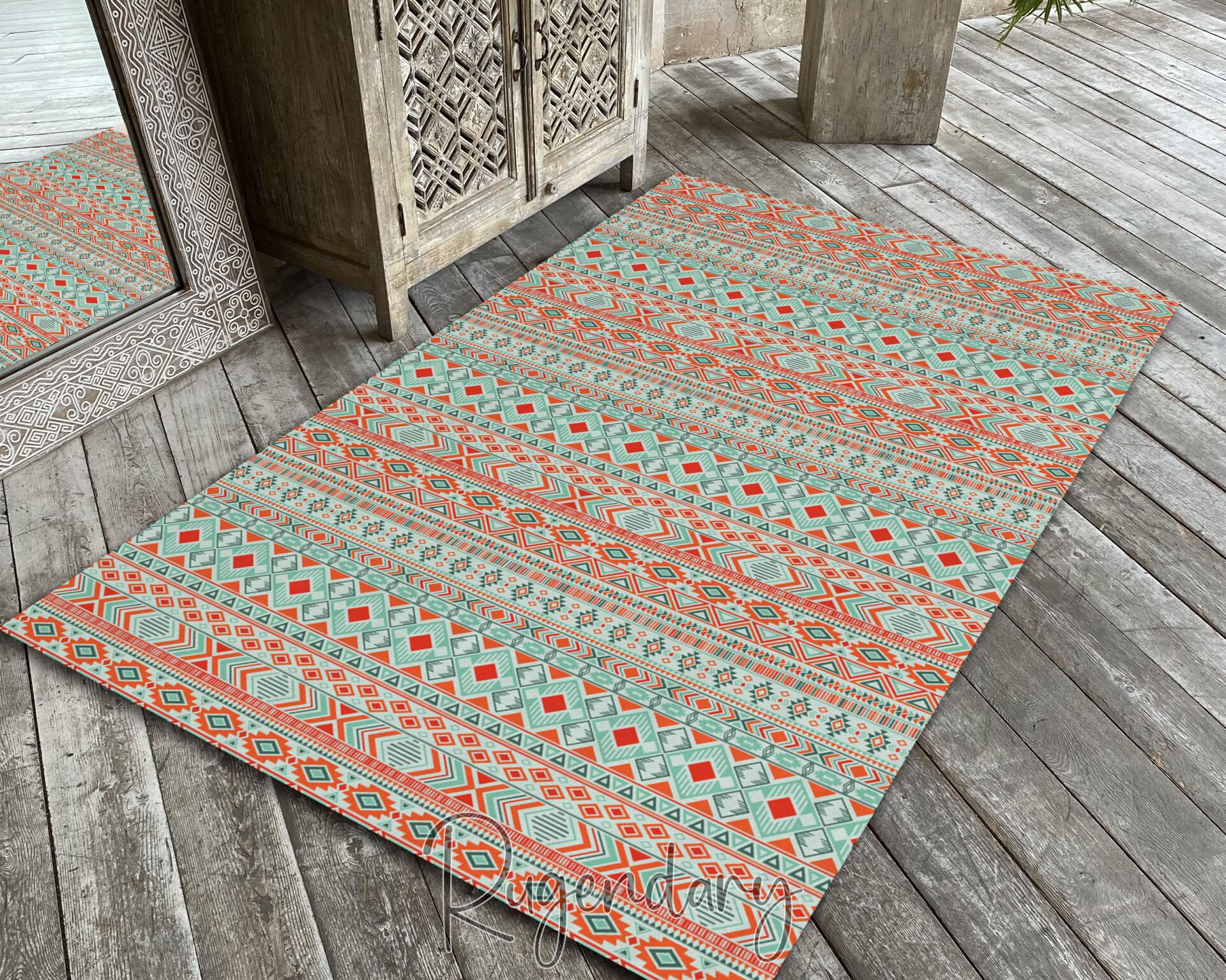 Boho Geometric Area Rug – Colorful Tribal Pattern in Orange & Mint