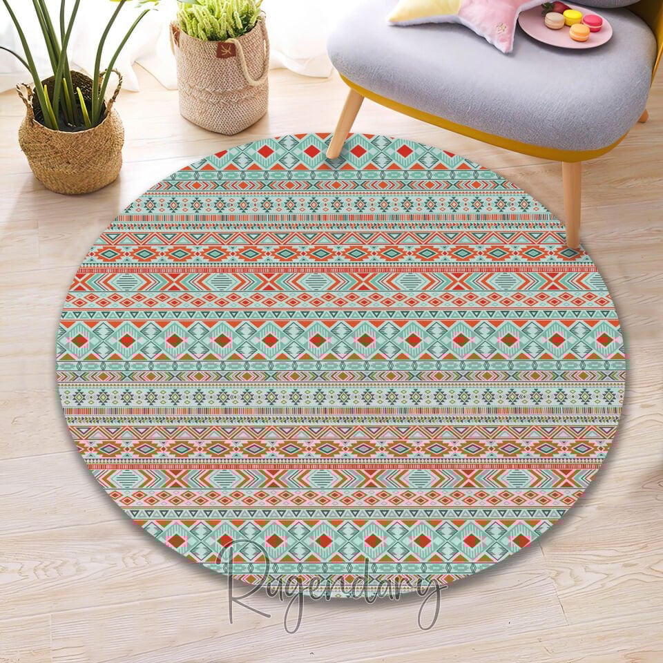 Boho Geometric Area Rug – Colorful Tribal Pattern in Orange & Mint