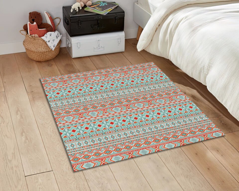 Boho Geometric Area Rug – Colorful Tribal Pattern in Orange & Mint
