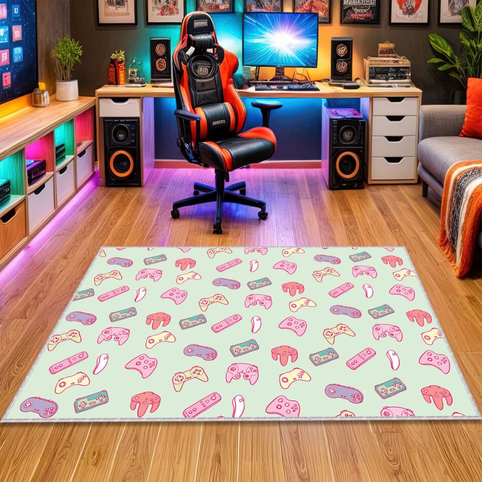 Pastel Gamer Controllers Rug – Cute and Colorful Gaming Carpet for Cozy Game Room & Kids’ Play Area