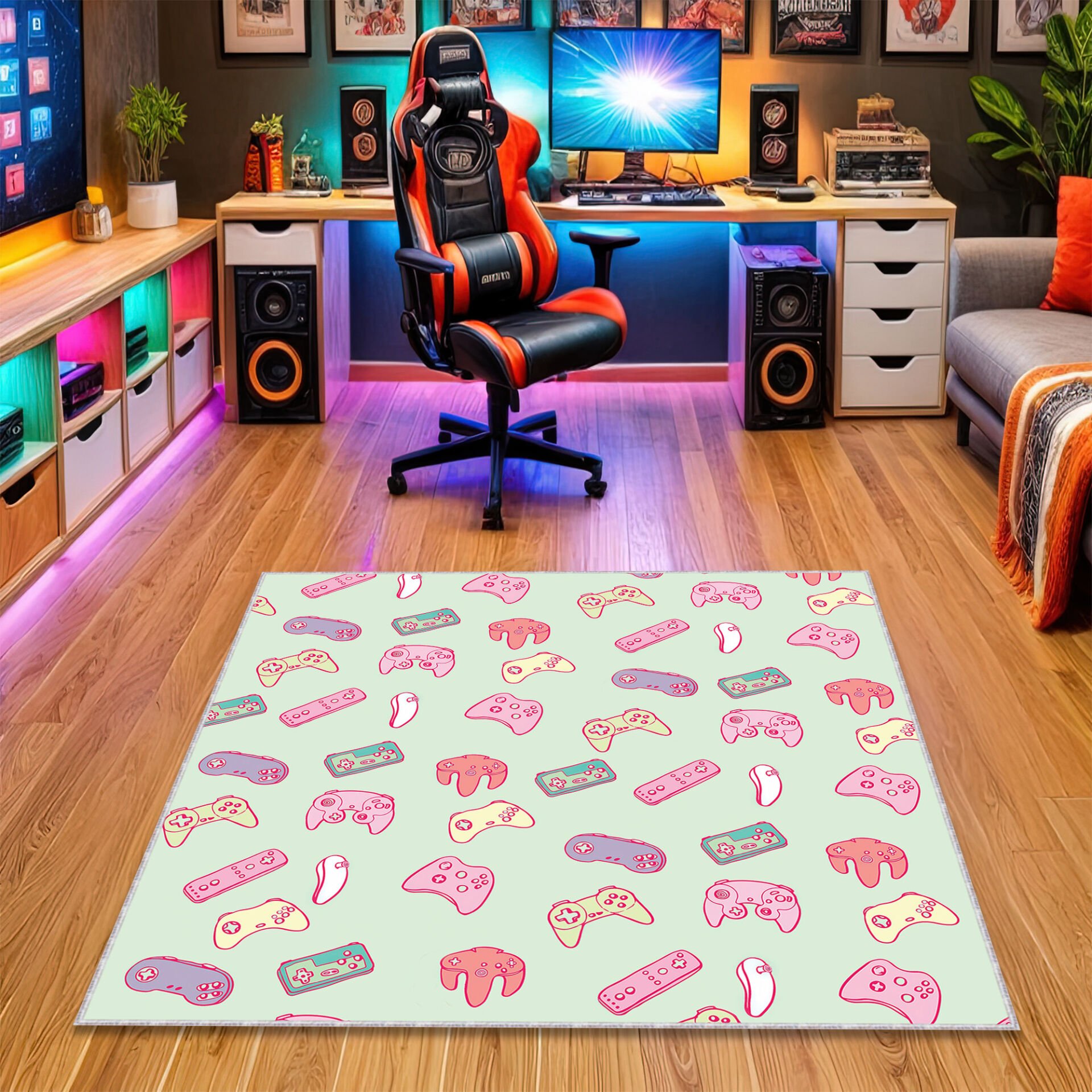 Pastel Gamer Controllers Rug – Cute and Colorful Gaming Carpet for Cozy Game Room & Kids’ Play Area