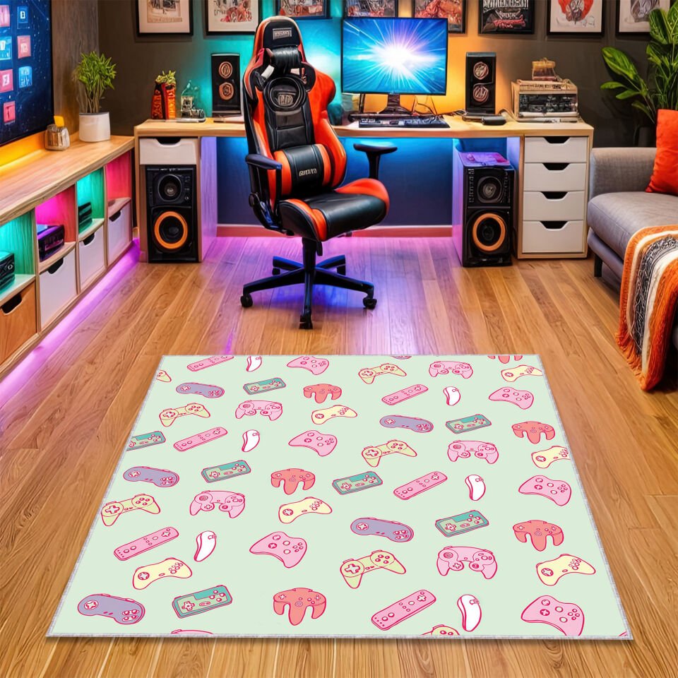 Pastel Gamer Controllers Rug – Cute and Colorful Gaming Carpet for Cozy Game Room & Kids’ Play Area