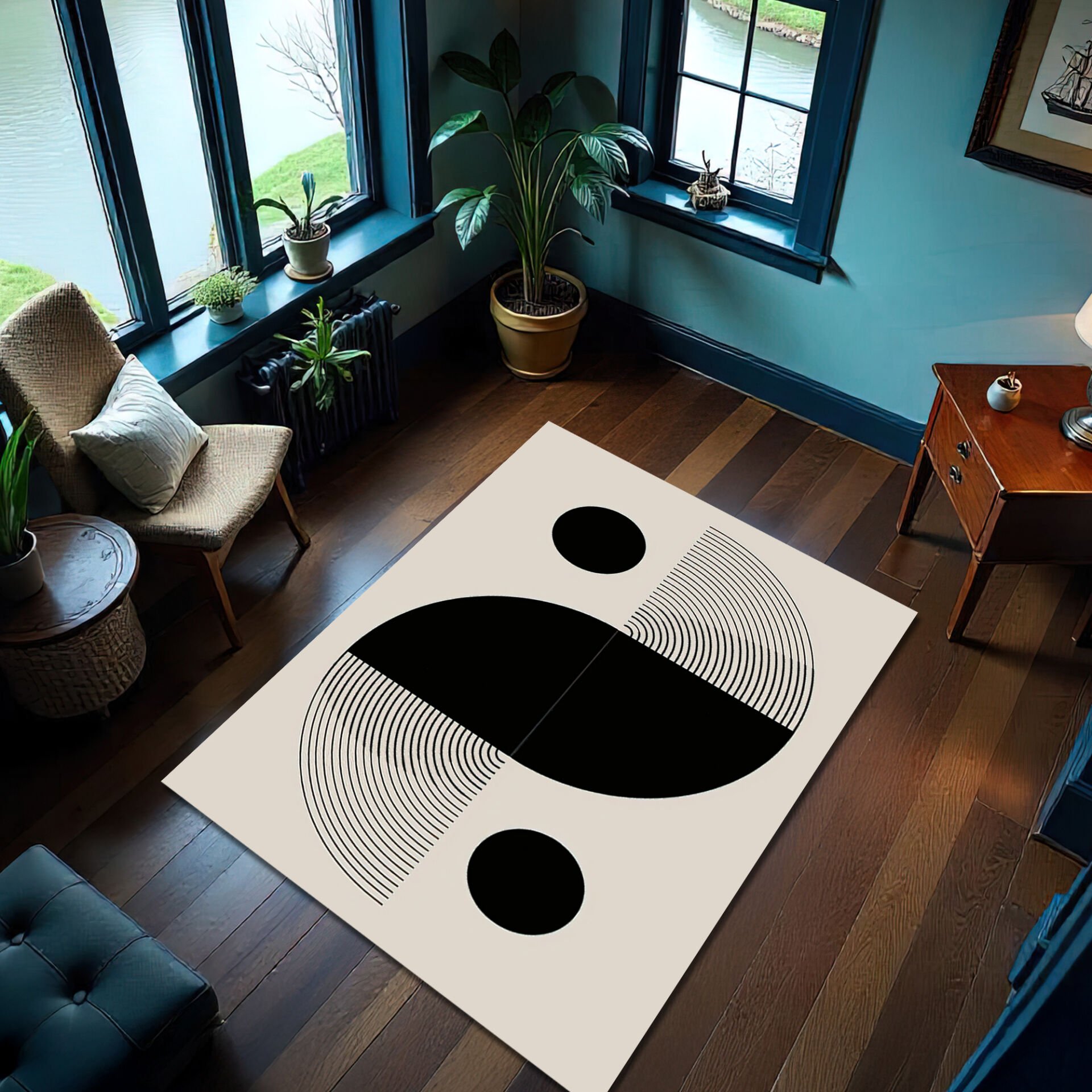 Modern Minimalist Geometric Rug – Black & White Abstract Design