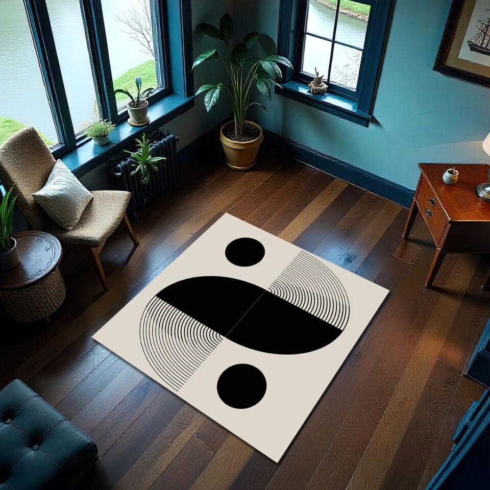 Modern Minimalist Geometric Rug – Black & White Abstract Design