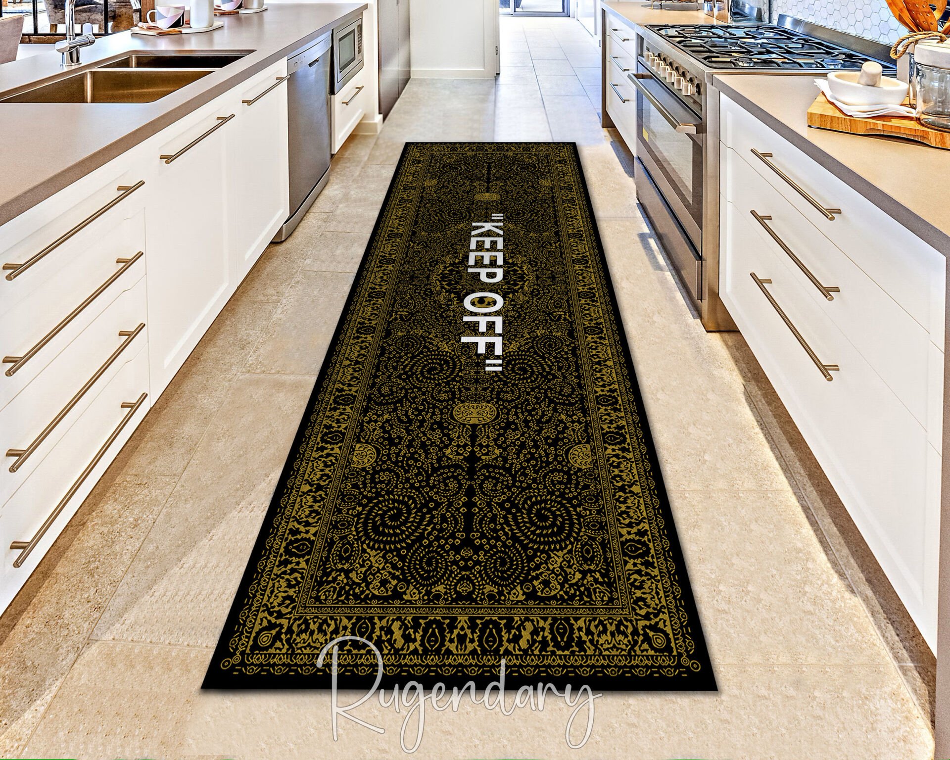 Gold & Black Kitchen Runner Rug with ''KEEP OFF'' Quote – Modern Non-Slip Carpet