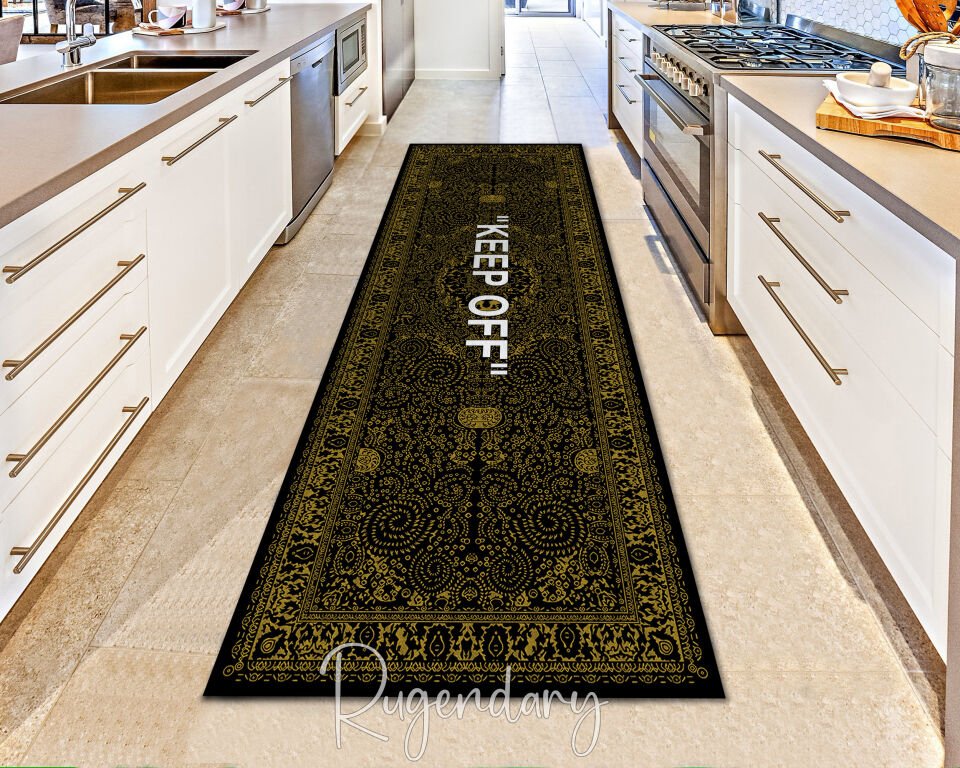 Gold & Black Kitchen Runner Rug with ''KEEP OFF'' Quote – Modern Non-Slip Carpet