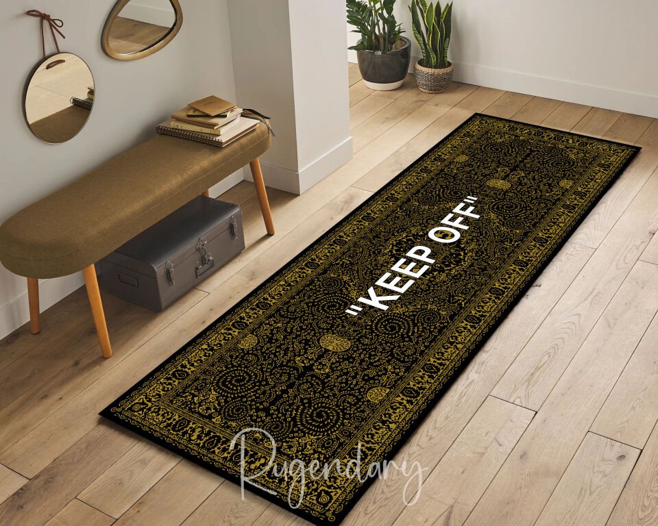 Gold & Black Kitchen Runner Rug with ''KEEP OFF'' Quote – Modern Non-Slip Carpet