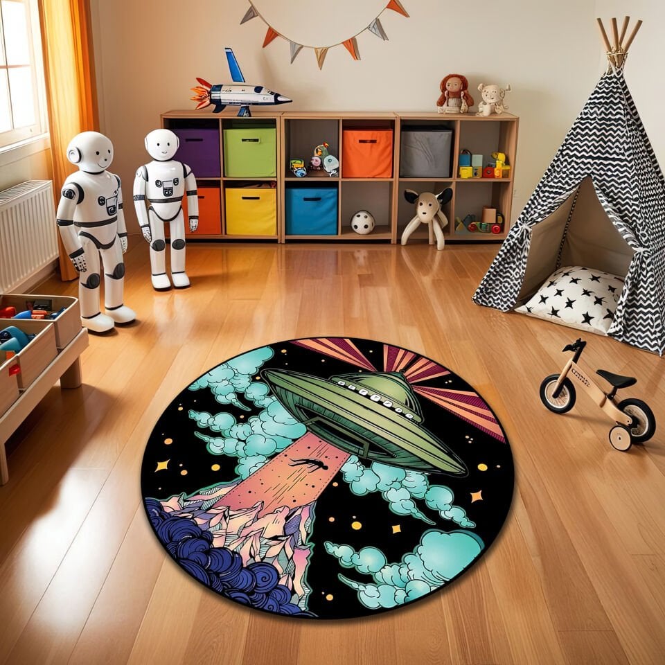 Round UFO Abduction Rug – Alien Spaceship over Mountains