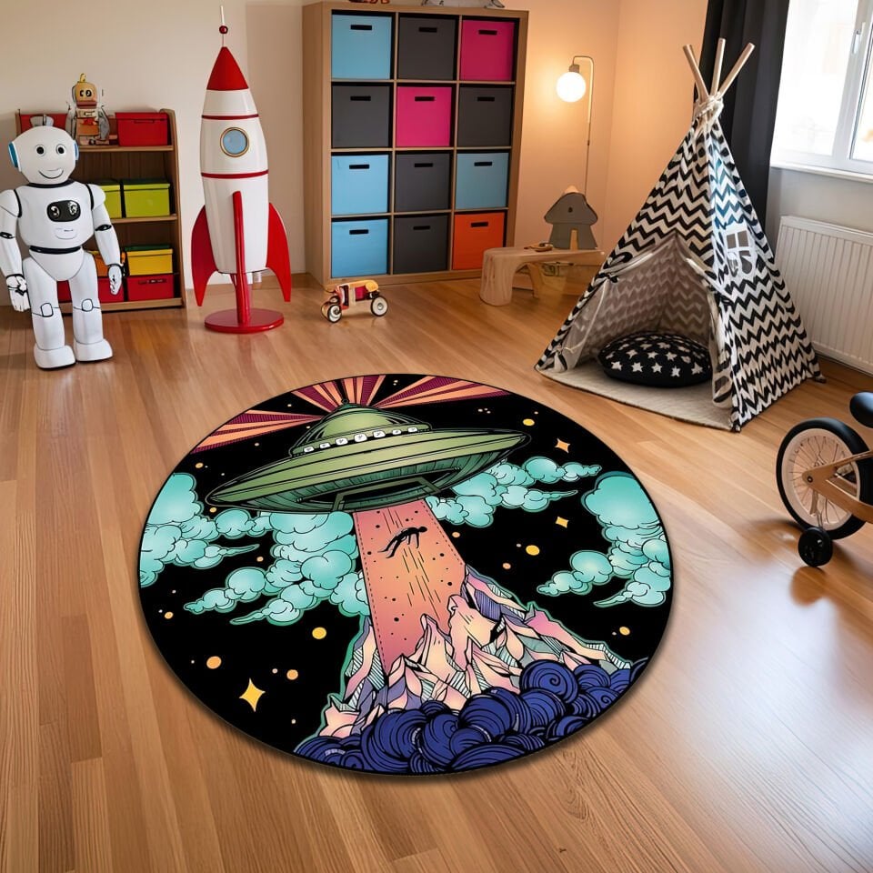 Round UFO Abduction Rug – Alien Spaceship over Mountains