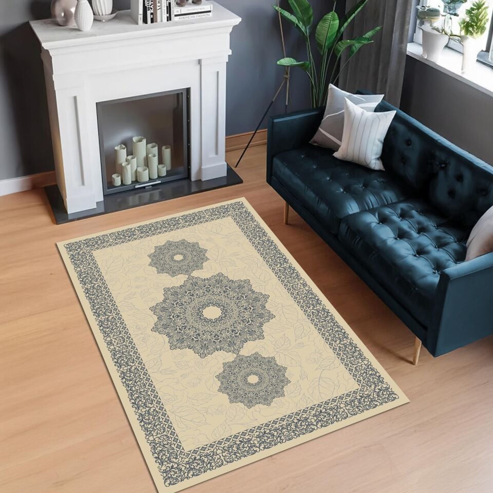 Beige Medallion Rug Elegant Oriental Pattern Decorative Carpet