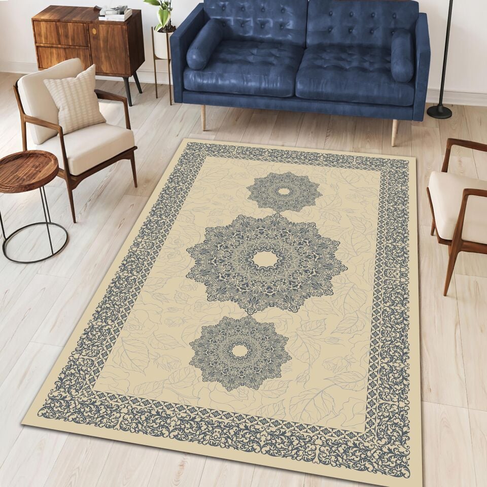 Beige Medallion Rug Elegant Oriental Pattern Decorative Carpet