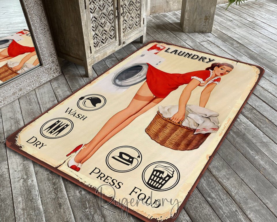 Retro Laundry Room Rug – Vintage Pin-Up Girl Wash, Dry, Fold Mat
