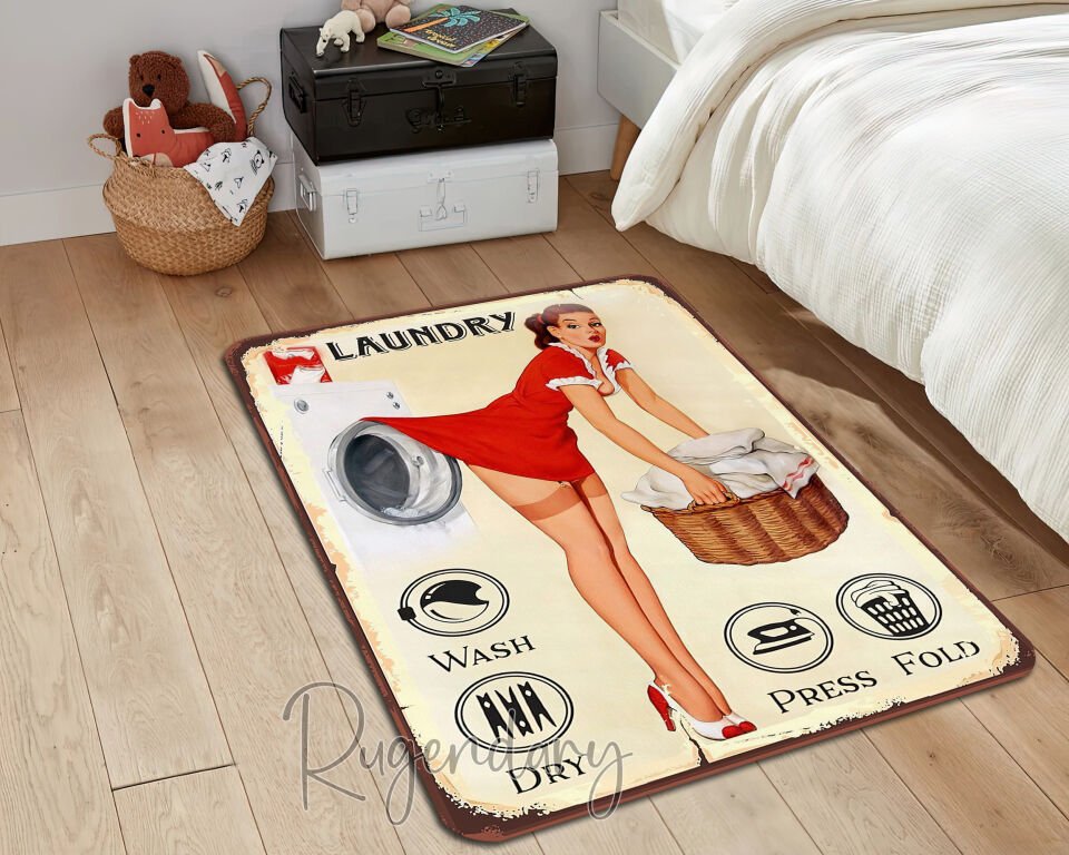 Retro Laundry Room Rug – Vintage Pin-Up Girl Wash, Dry, Fold Mat