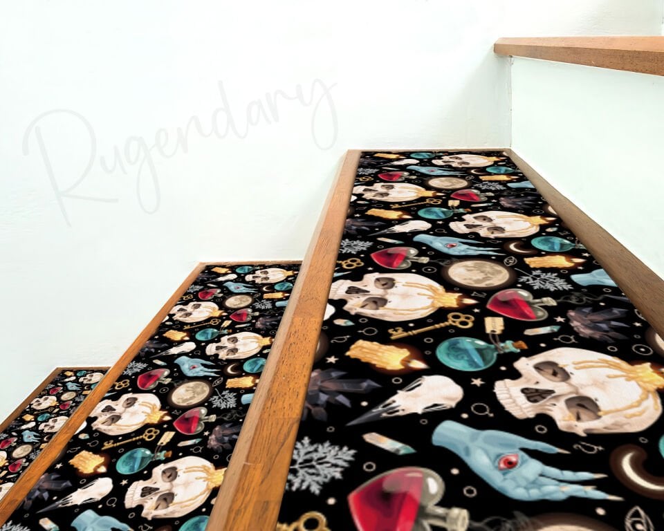 Witchy Stair Tread Rugs – Gothic Skull & Potion Pattern for Spooky Home Decor