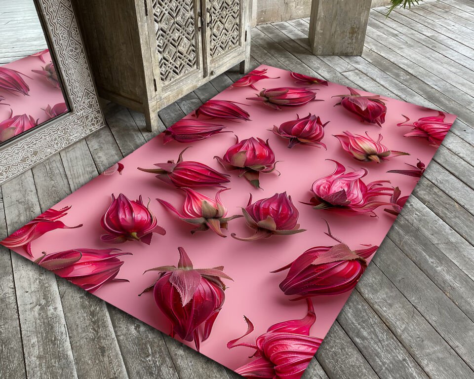 Pink Hibiscus Floral Rug Modern Flower Pattern Area Rug Bohemian Red Carpet for Living Room Bedroom Home Decor