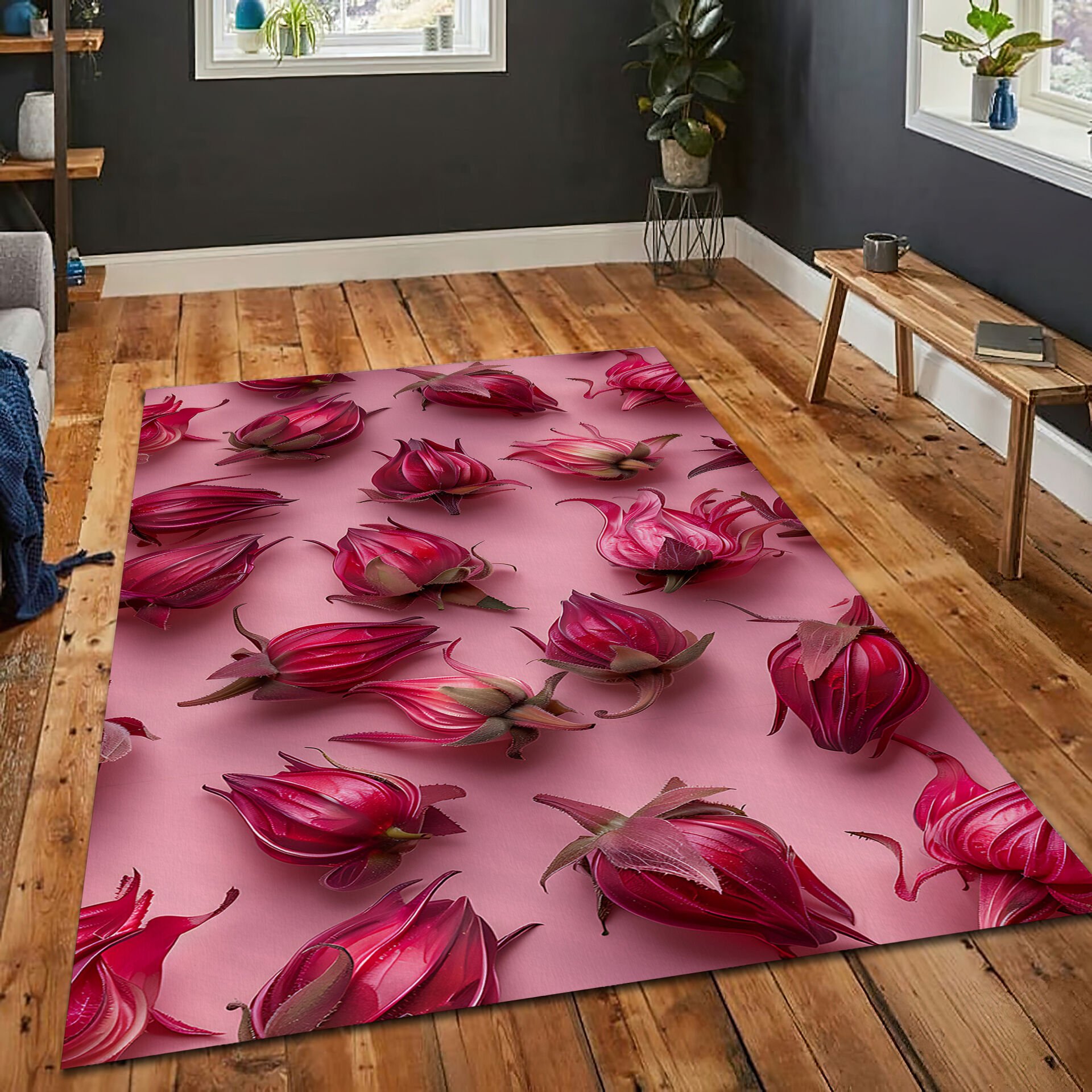 Pink Hibiscus Floral Rug Modern Flower Pattern Area Rug Bohemian Red Carpet for Living Room Bedroom Home Decor