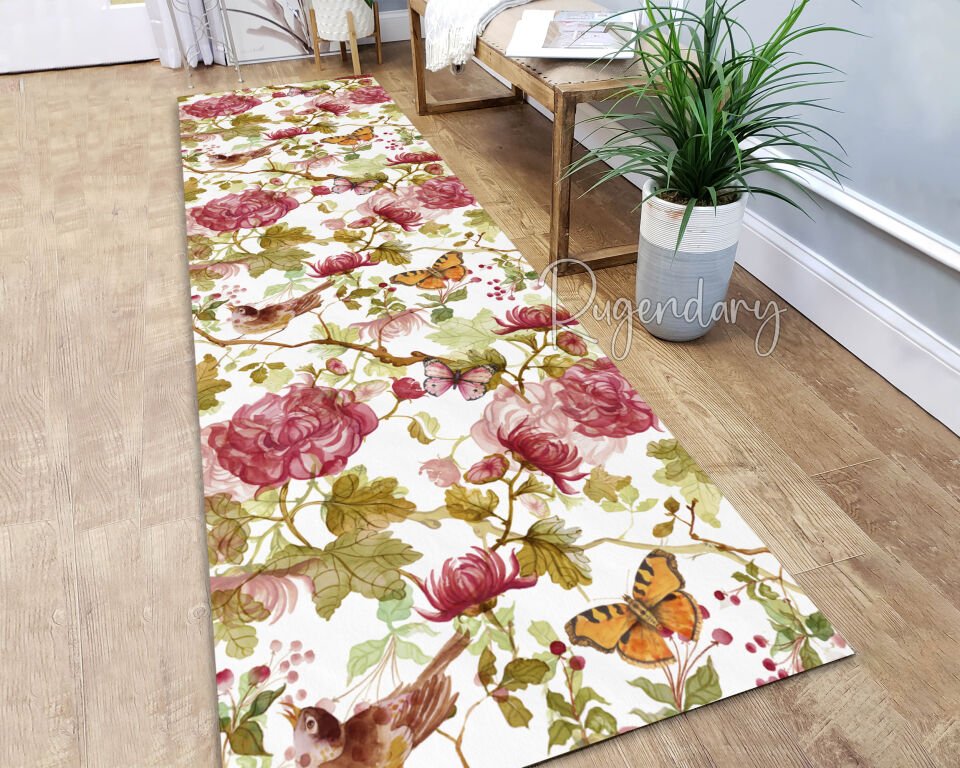 Romantic Runner Rug with Red Rose and Butterfly Design – Elegant Floral Hallway Carpet