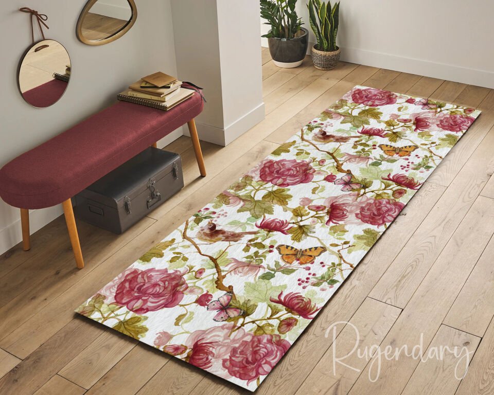Romantic Runner Rug with Red Rose and Butterfly Design – Elegant Floral Hallway Carpet