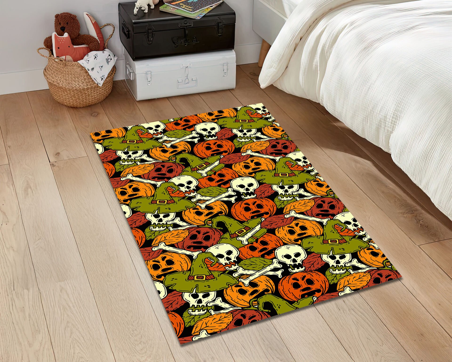 Halloween Pumpkin Skull Rug Orange Witch Hat Carpet Spooky Gothic Floor Mat for Fall Home Decor