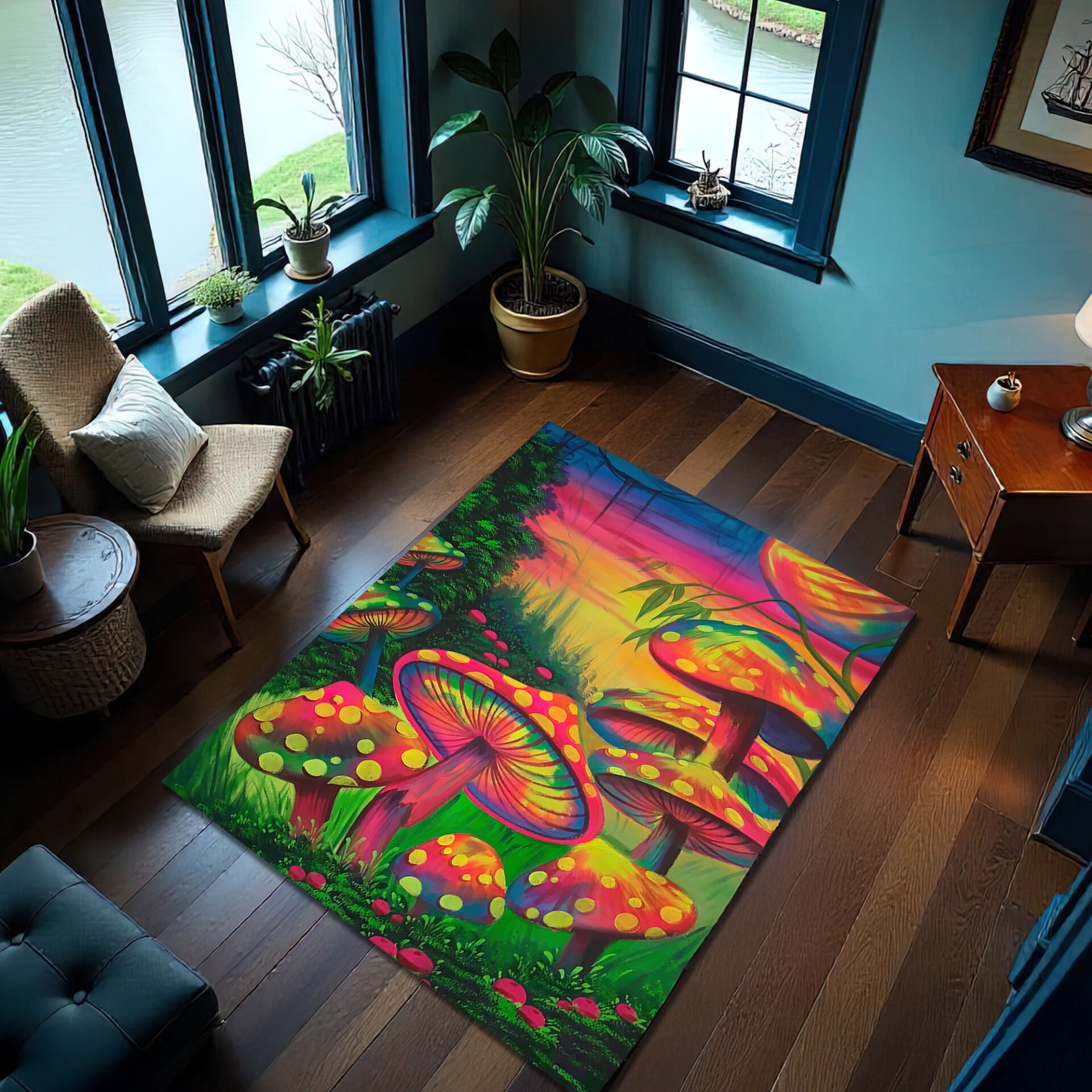 Psychedelic Forest Mushroom Rug – Vibrant Fantasy Carpet