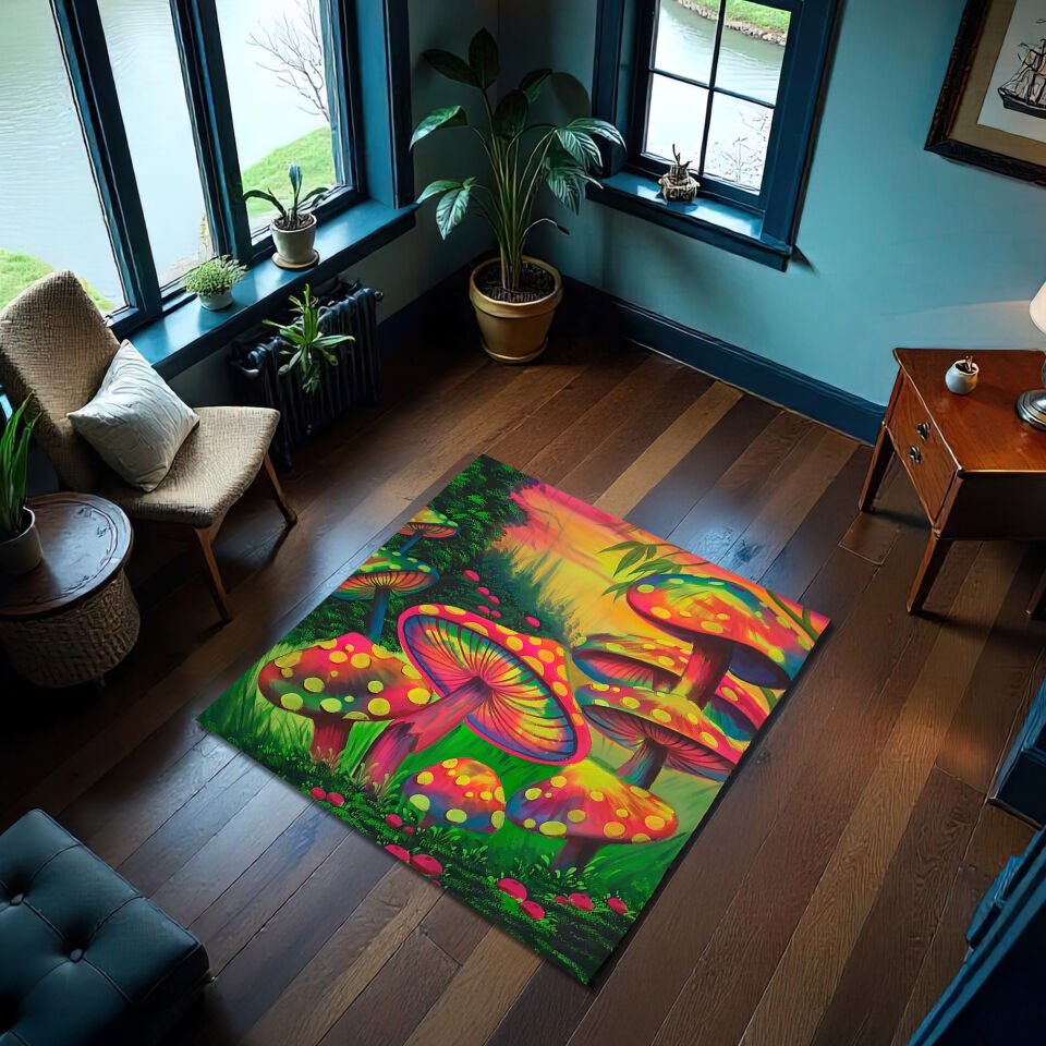 Psychedelic Forest Mushroom Rug – Vibrant Fantasy Carpet