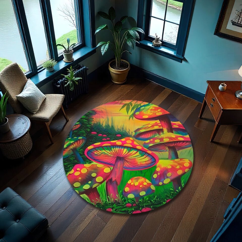 Psychedelic Forest Mushroom Rug – Vibrant Fantasy Carpet