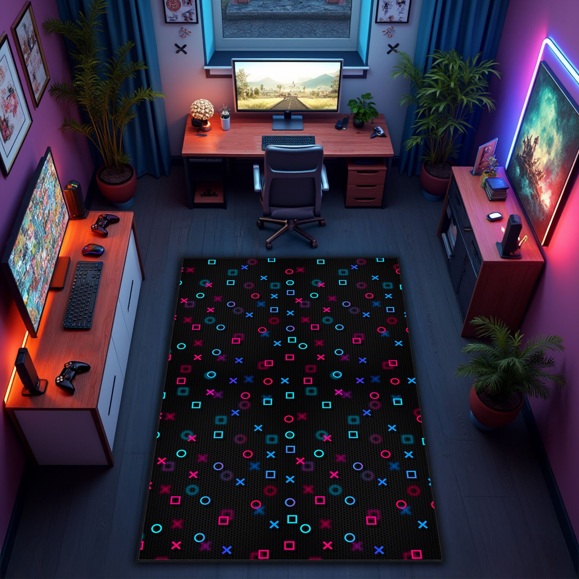 Neon Gaming Symbols Rug – Modern Gamer Room Carpet