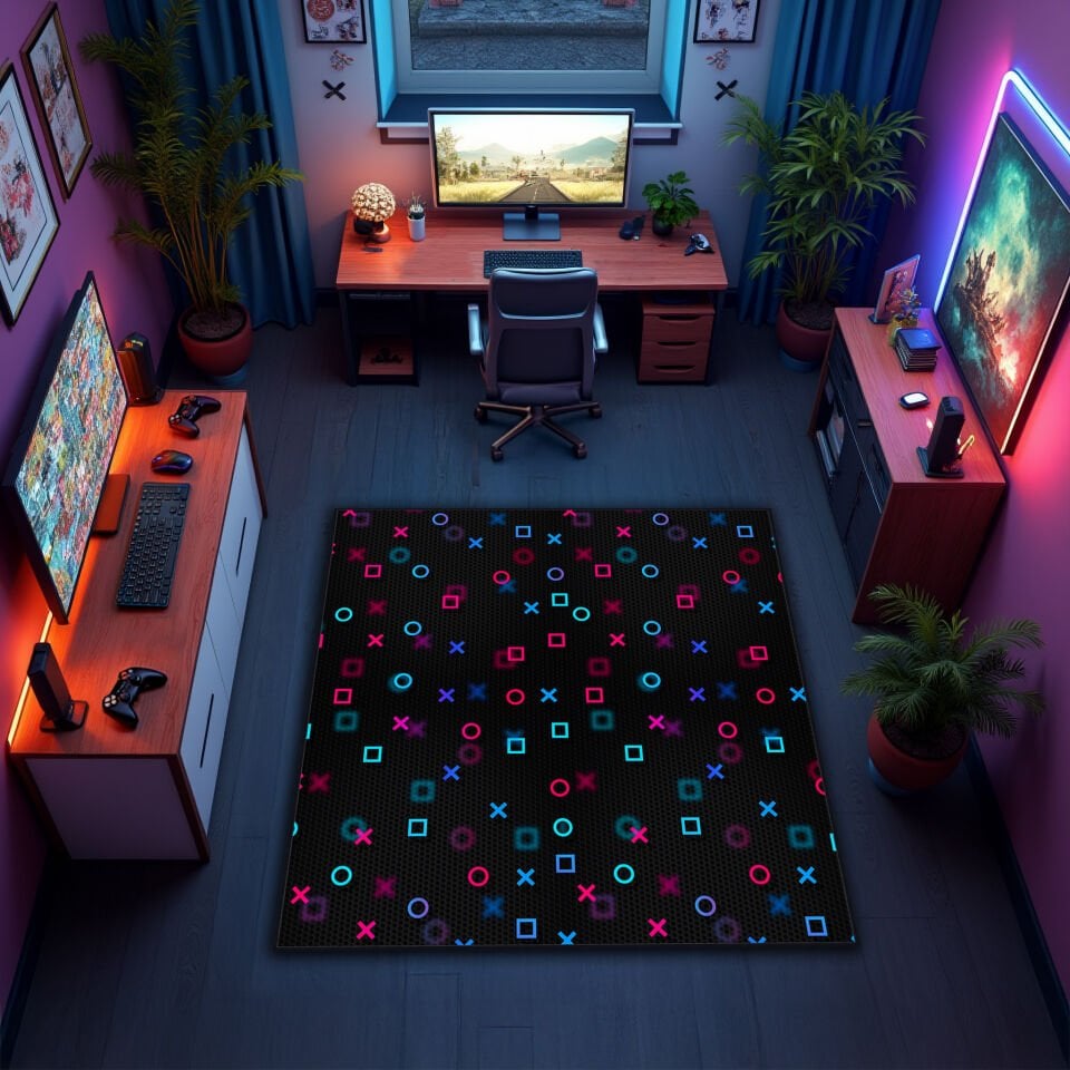 Neon Gaming Symbols Rug – Modern Gamer Room Carpet