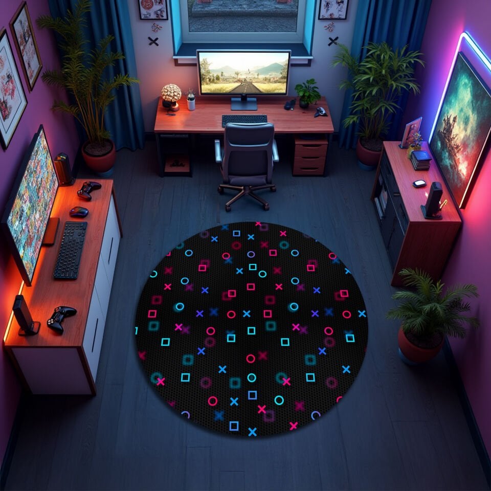 Neon Gaming Symbols Rug – Modern Gamer Room Carpet