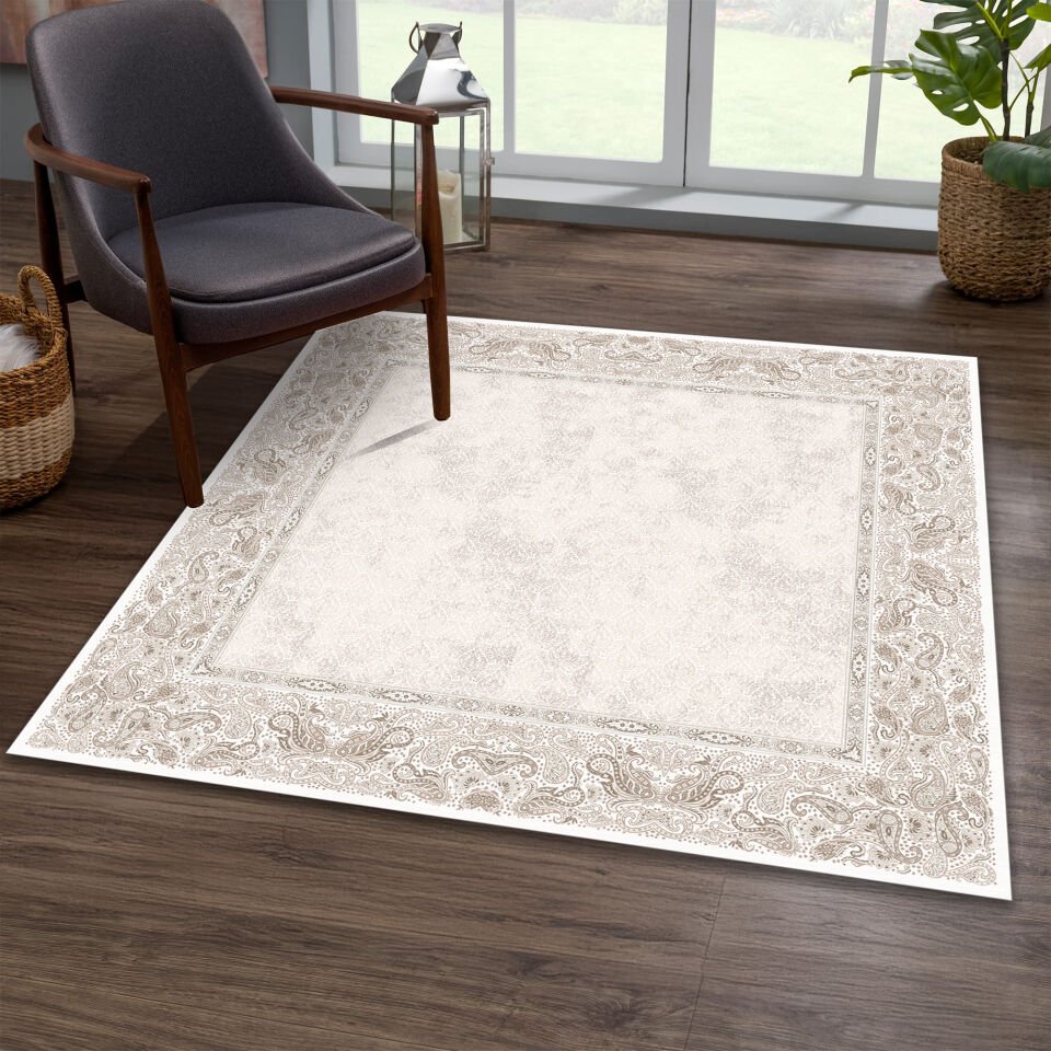 Beige Paisley Border Square Rug – Classic Pattern Carpet for Living Room