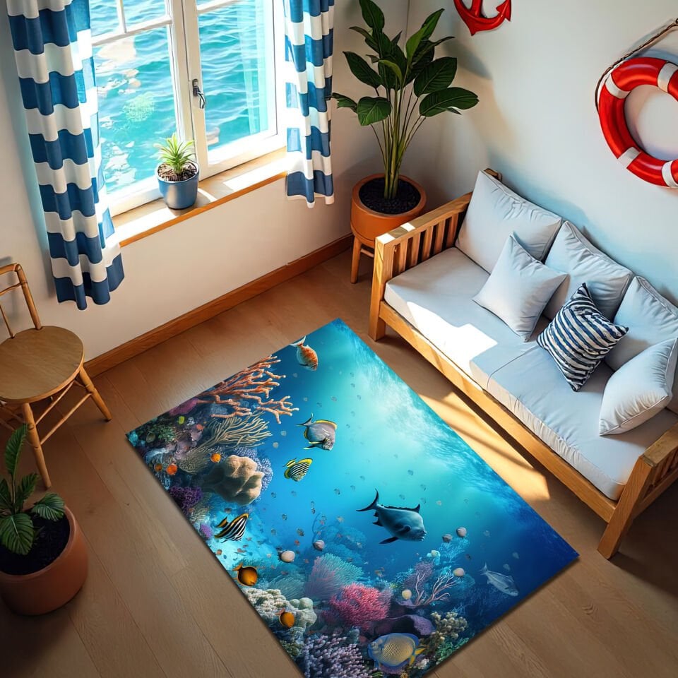 Underwater Coral Reef Rug – Vibrant Ocean Scene with Tropical Fish