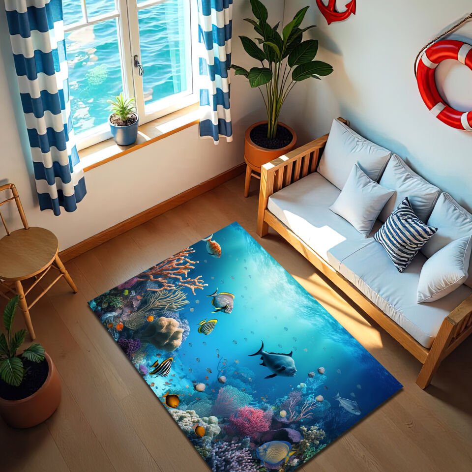 Underwater Coral Reef Rug – Vibrant Ocean Scene with Tropical Fish