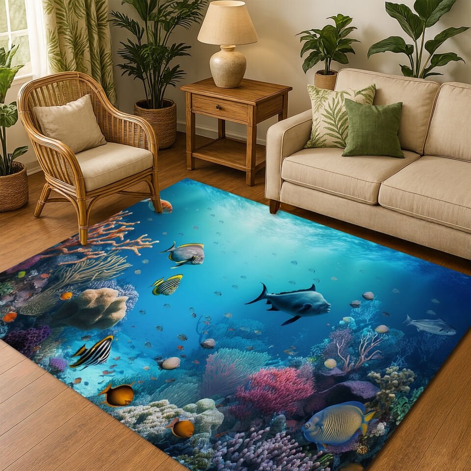 Underwater Coral Reef Rug – Vibrant Ocean Scene with Tropical Fish