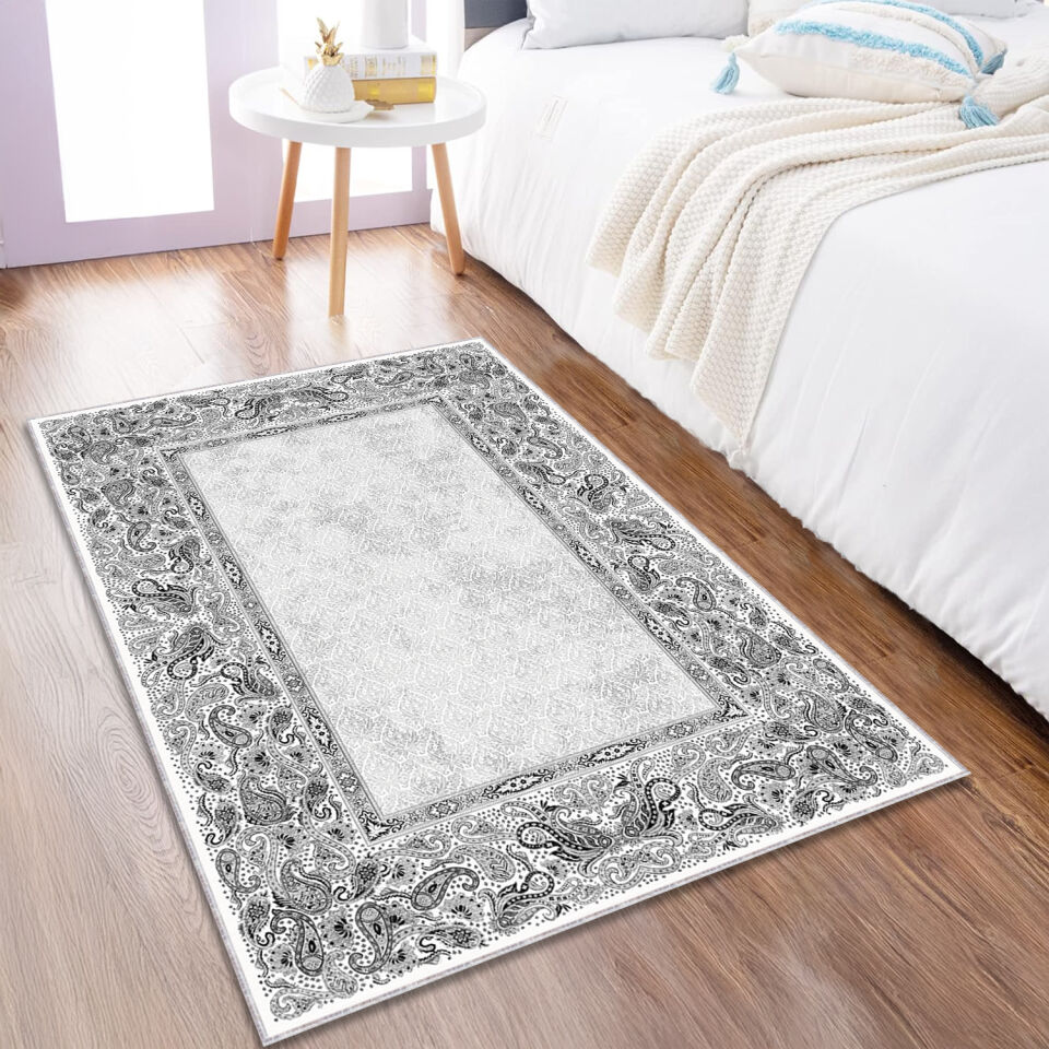 Black & White Paisley Border Rug – Classic Pattern Carpet for Living Room