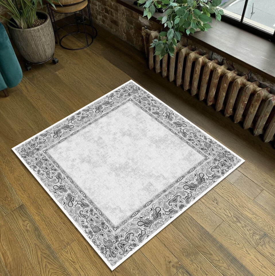 Black & White Paisley Border Rug – Classic Pattern Carpet for Living Room