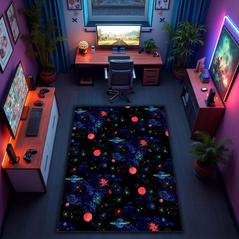 Cosmic Galaxy Rug – Neon Space Theme Gamer Carpet for Game Rooms and Bedrooms