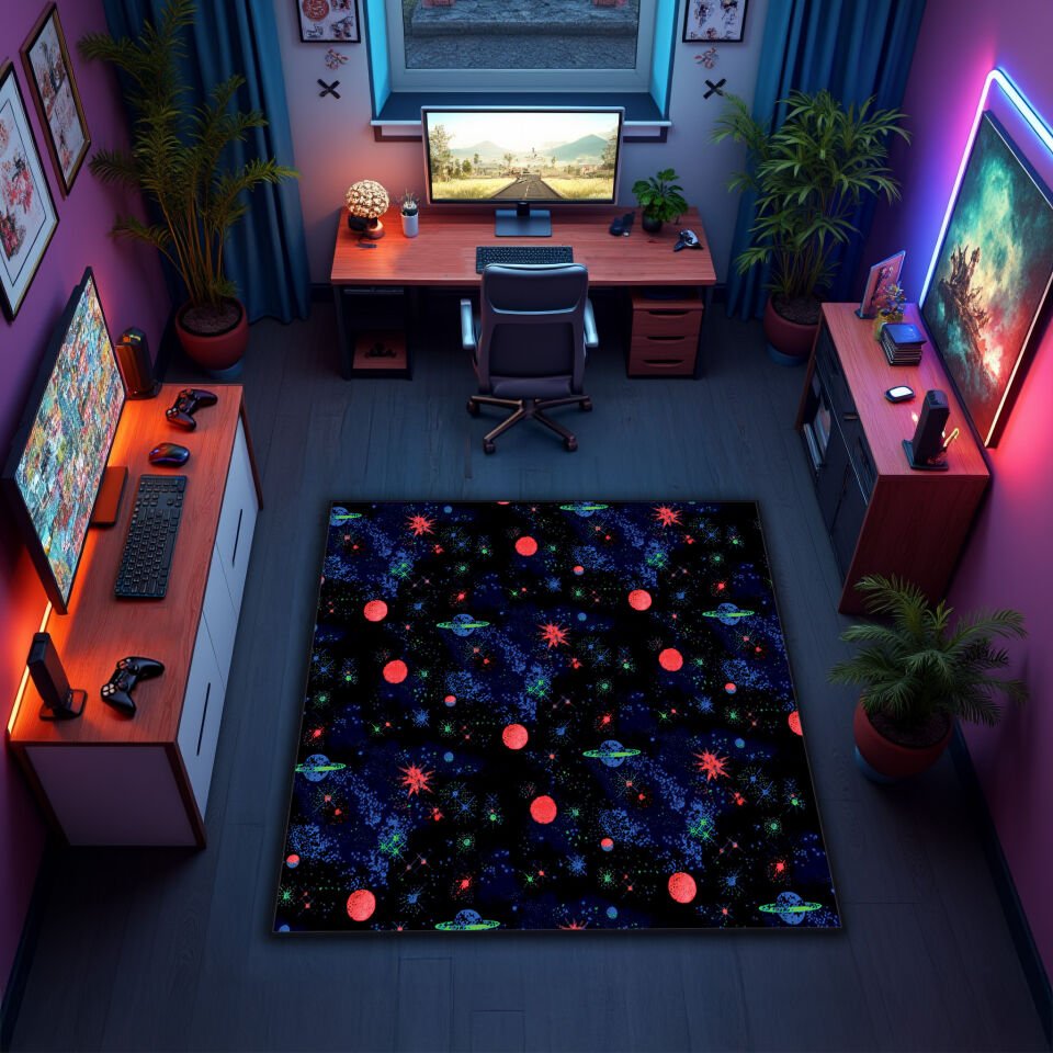 Cosmic Galaxy Rug – Neon Space Theme Gamer Carpet for Game Rooms and Bedrooms