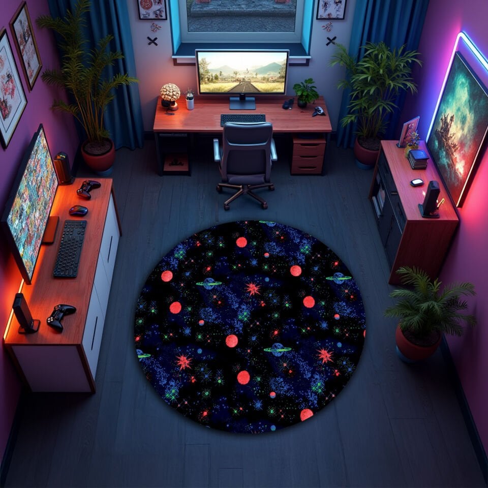 Cosmic Galaxy Rug – Neon Space Theme Gamer Carpet for Game Rooms and Bedrooms