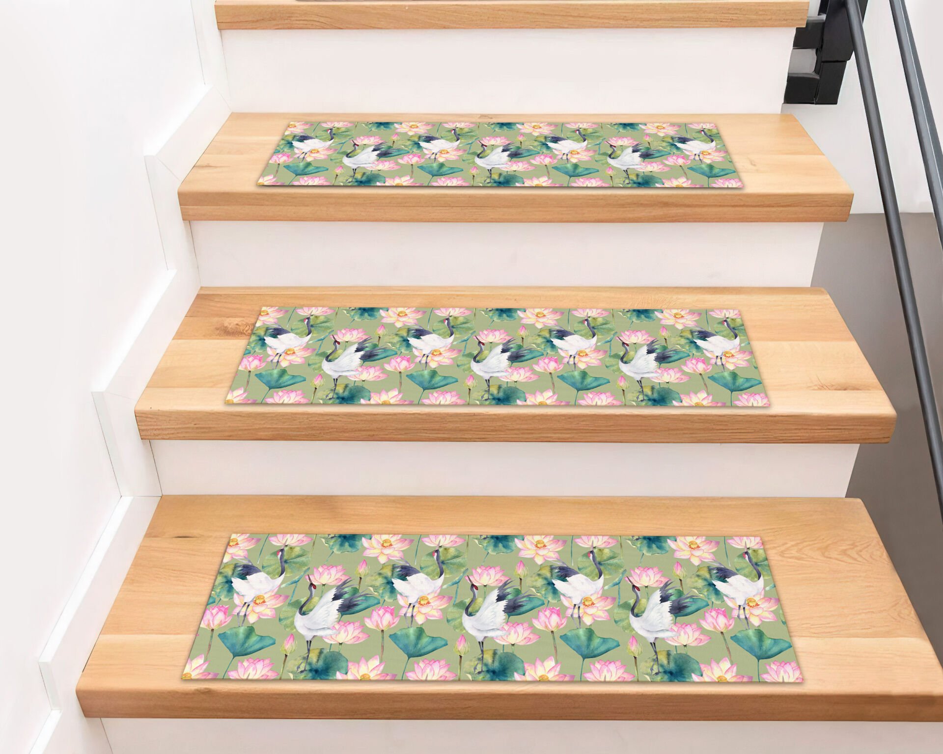 Lotus Garden Stair Treads – Crane & Flower Design