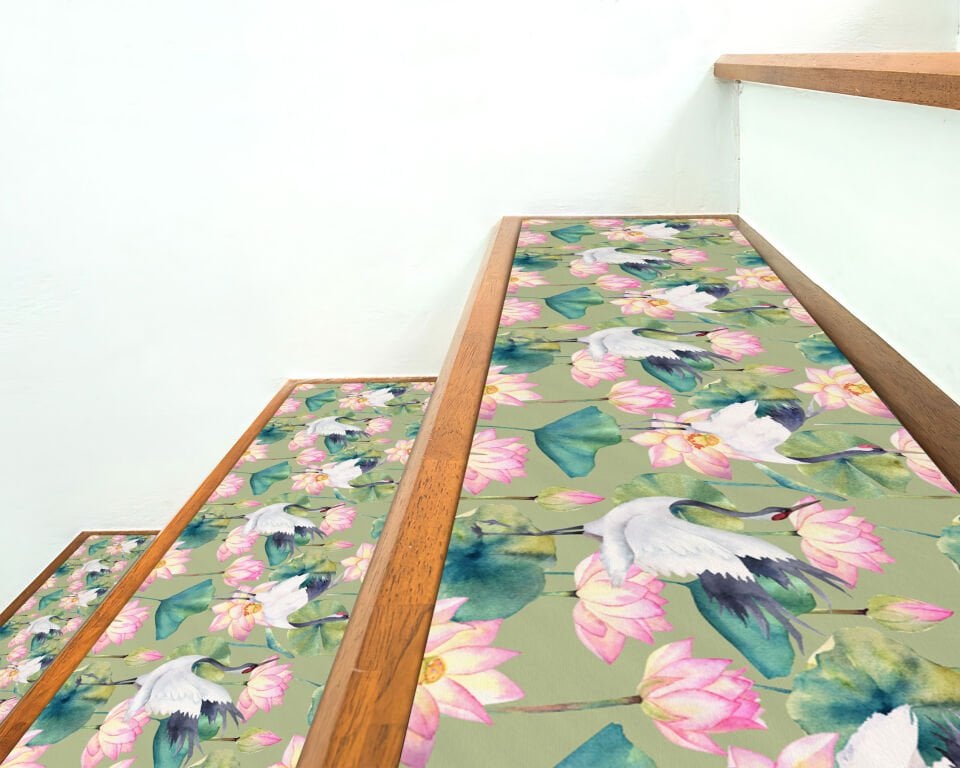 Lotus Garden Stair Treads – Crane & Flower Design