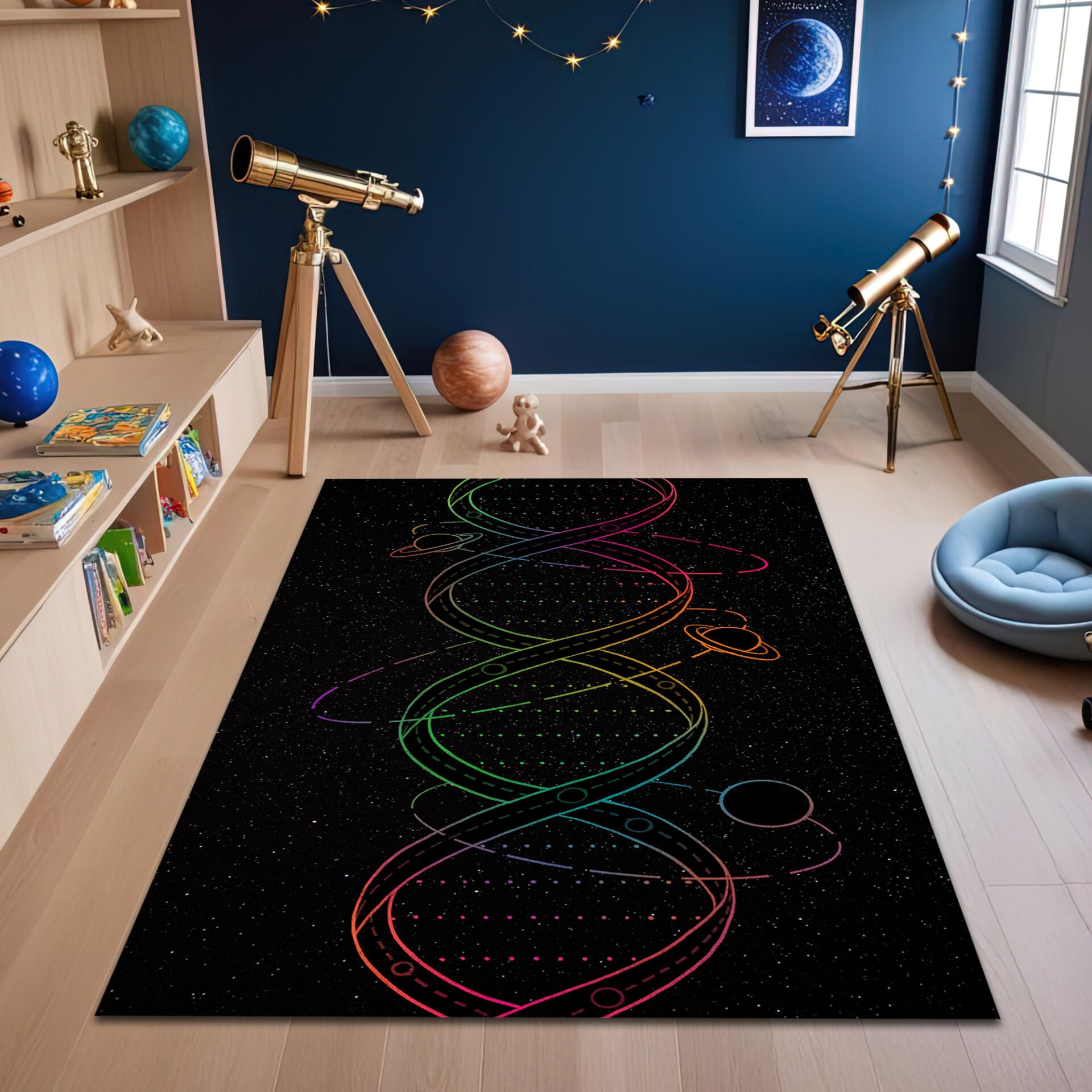 Rainbow DNA Space Rug – Cosmic Galaxy Design with Planets & Stars