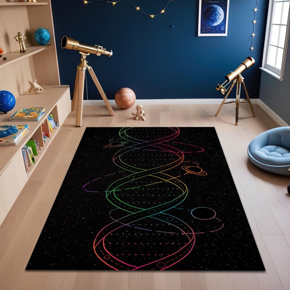 Rainbow DNA Space Rug – Cosmic Galaxy Design with Planets & Stars