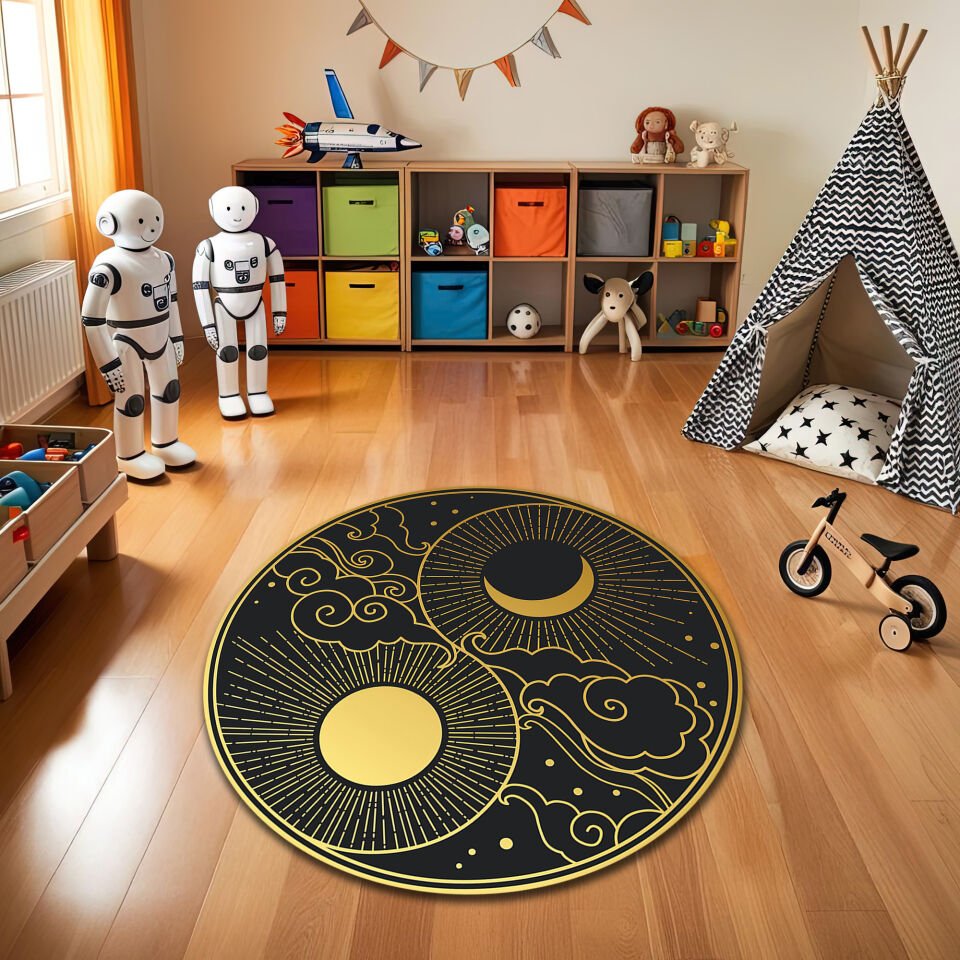 Round Sun & Moon Yin Yang Rug – Black & Gold Cosmic Design