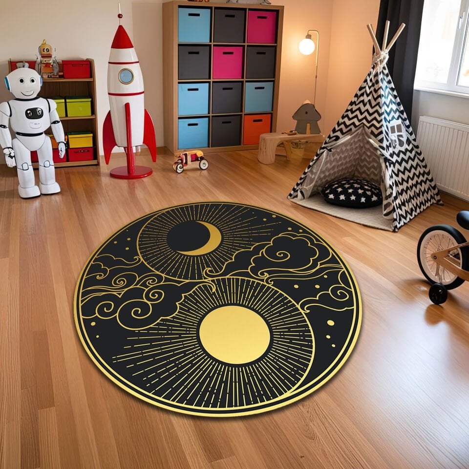 Round Sun & Moon Yin Yang Rug – Black & Gold Cosmic Design