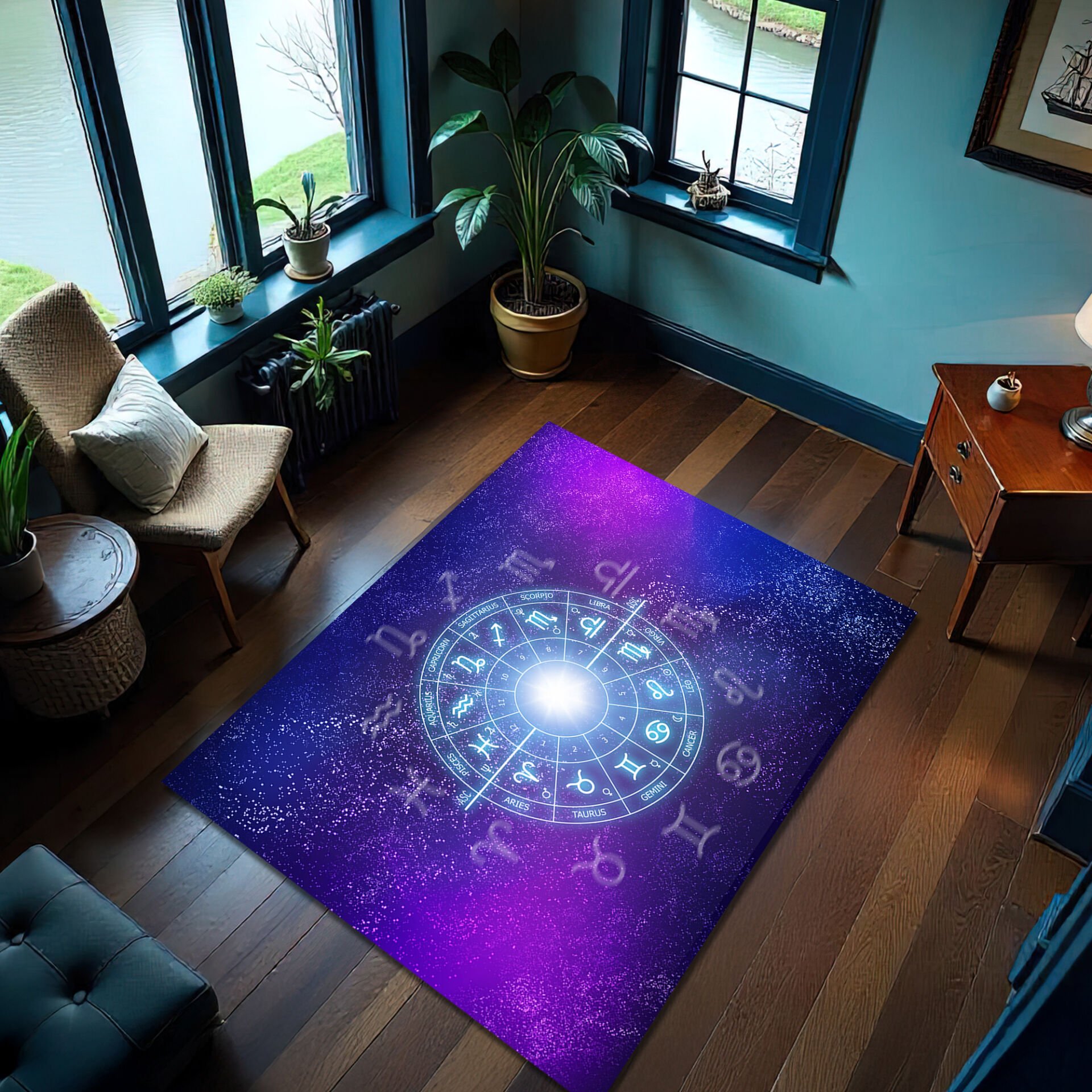 Galactic Zodiac Constellation Rug – Purple Cosmic Astrology Floor Mat